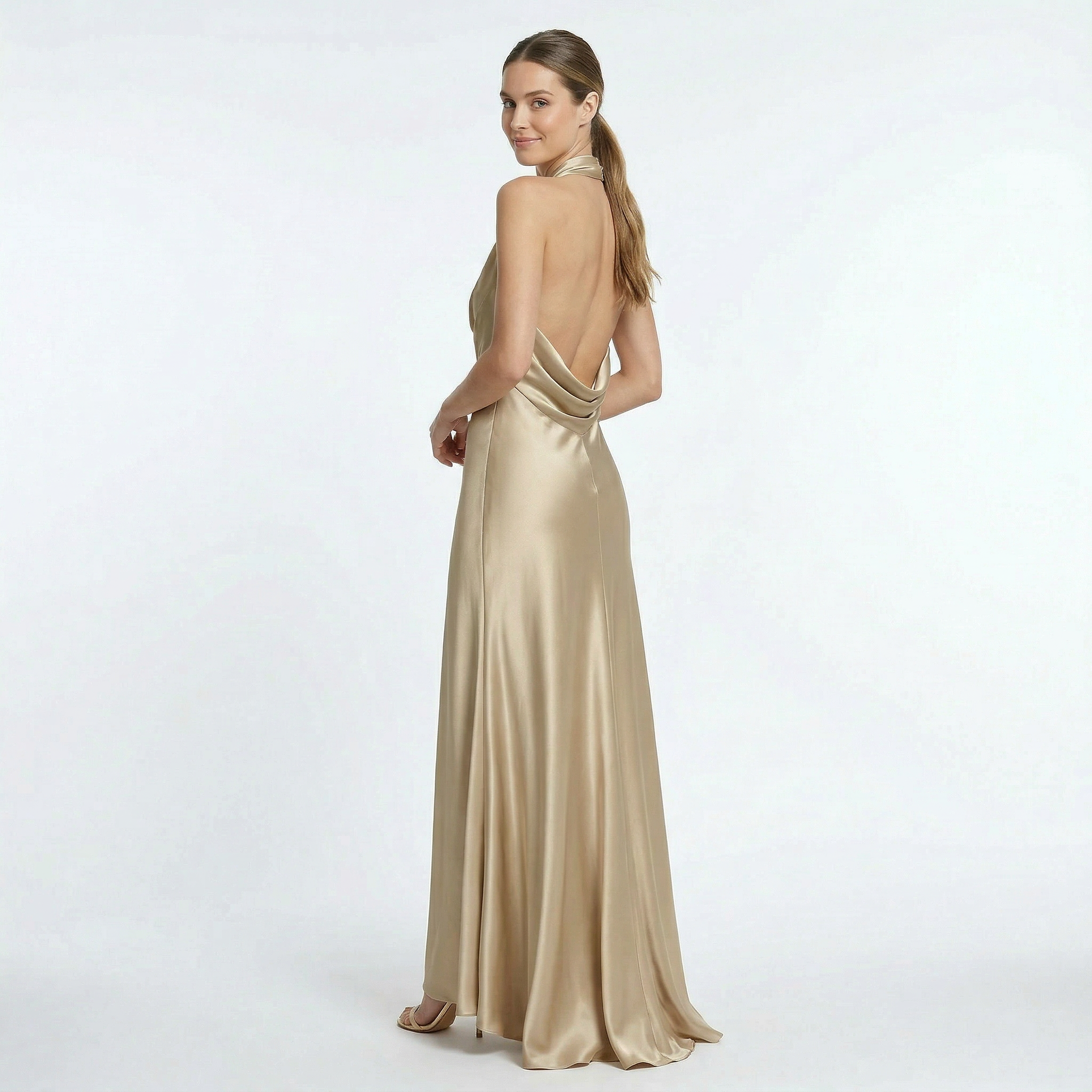Women's Halter Neck Floor Length Satin Dress with Slim Fit 3