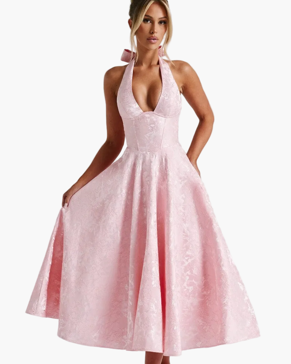 Women's Halter Neck Midi Dress with A-Line Skirt 5