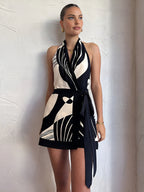 Women's Halter Wrap Dress with Abstract Print and Satin Finish 2