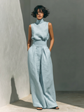 Women's High Neck Long Sleeve Cotton Linen Jumpsuit with Wide Leg Pants 1