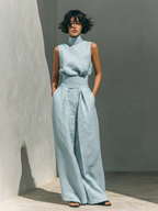 Women's High Neck Long Sleeve Cotton Linen Jumpsuit with Wide Leg Pants 1
