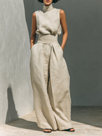 Women's High Neck Long Sleeve Cotton Linen Jumpsuit with Wide Leg Pants 2