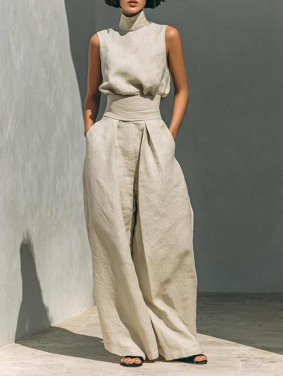 Women's High Neck Long Sleeve Cotton Linen Jumpsuit with Wide Leg Pants 2