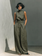 Women's High Neck Long Sleeve Cotton Linen Jumpsuit with Wide Leg Pants 3