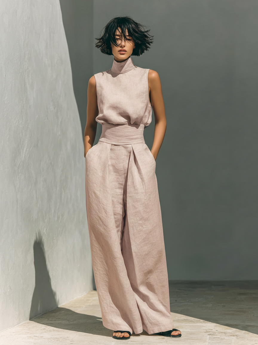 Women's High Neck Long Sleeve Cotton Linen Jumpsuit with Wide Leg Pants 4
