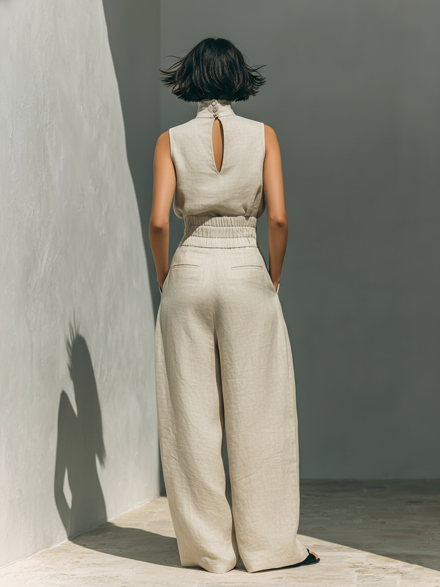 Women's High Neck Long Sleeve Cotton Linen Jumpsuit with Wide Leg Pants 5