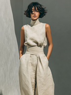 Women's High Neck Long Sleeve Cotton Linen Jumpsuit with Wide Leg Pants 6