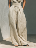 Women's High Neck Long Sleeve Cotton Linen Jumpsuit with Wide Leg Pants 7
