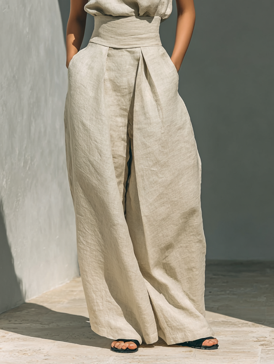Women's High Neck Long Sleeve Cotton Linen Jumpsuit with Wide Leg Pants 7