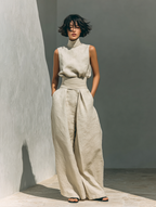 Women's High Neck Long Sleeve Cotton Linen Jumpsuit with Wide Leg Pants 8