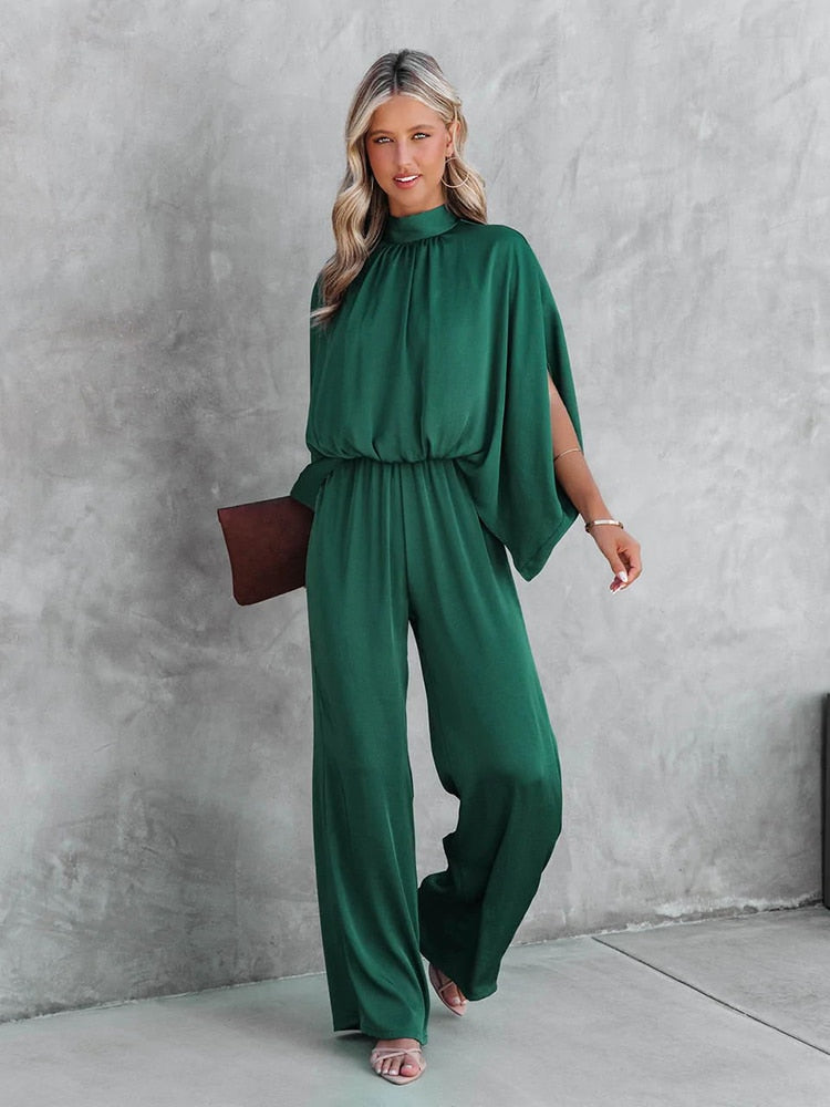 Women's High Neck Wide-Leg Jumpsuit with Draped Sleeves 1
