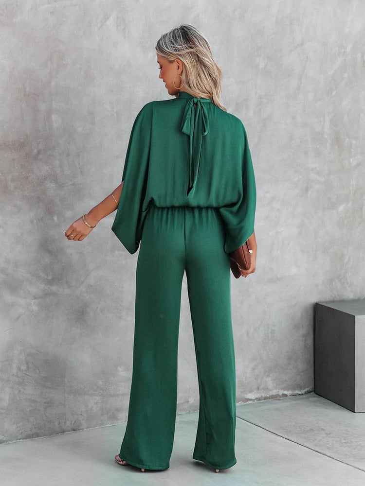 Women's High Neck Wide-Leg Jumpsuit with Draped Sleeves 2