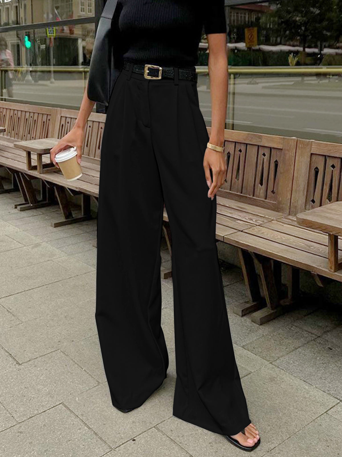 Women's High-Rise Wide-Leg Tailored Trousers with Pleats 4