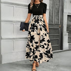 Women's High Waist Maxi Dress with Tie Front Bow and Short Sleeves 1