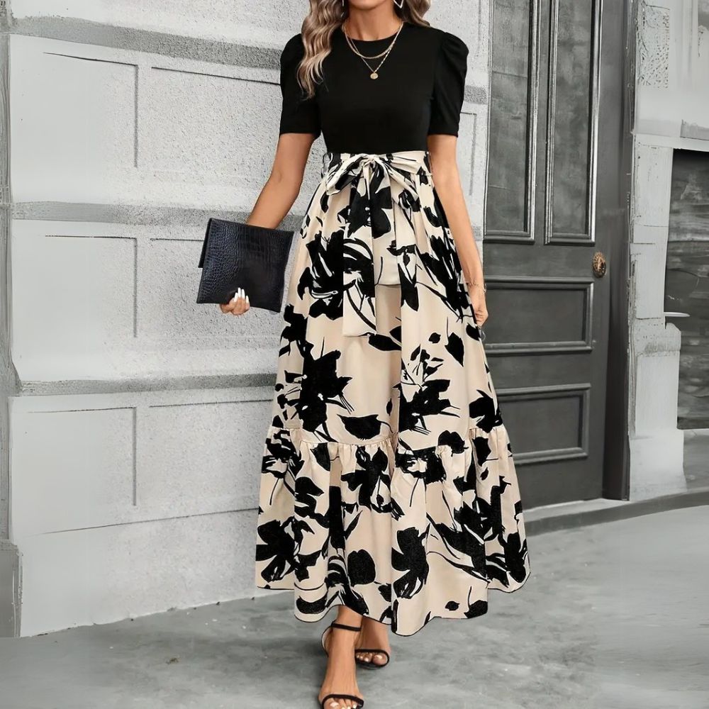 Women's High Waist Maxi Dress with Tie Front Bow and Short Sleeves 1