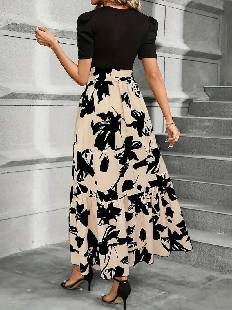 Women's High Waist Maxi Dress with Tie Front Bow and Short Sleeves 2