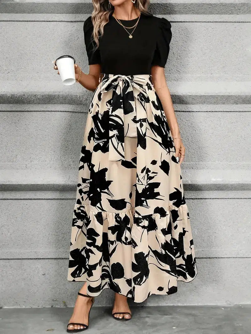 Women's High Waist Maxi Dress with Tie Front Bow and Short Sleeves 3