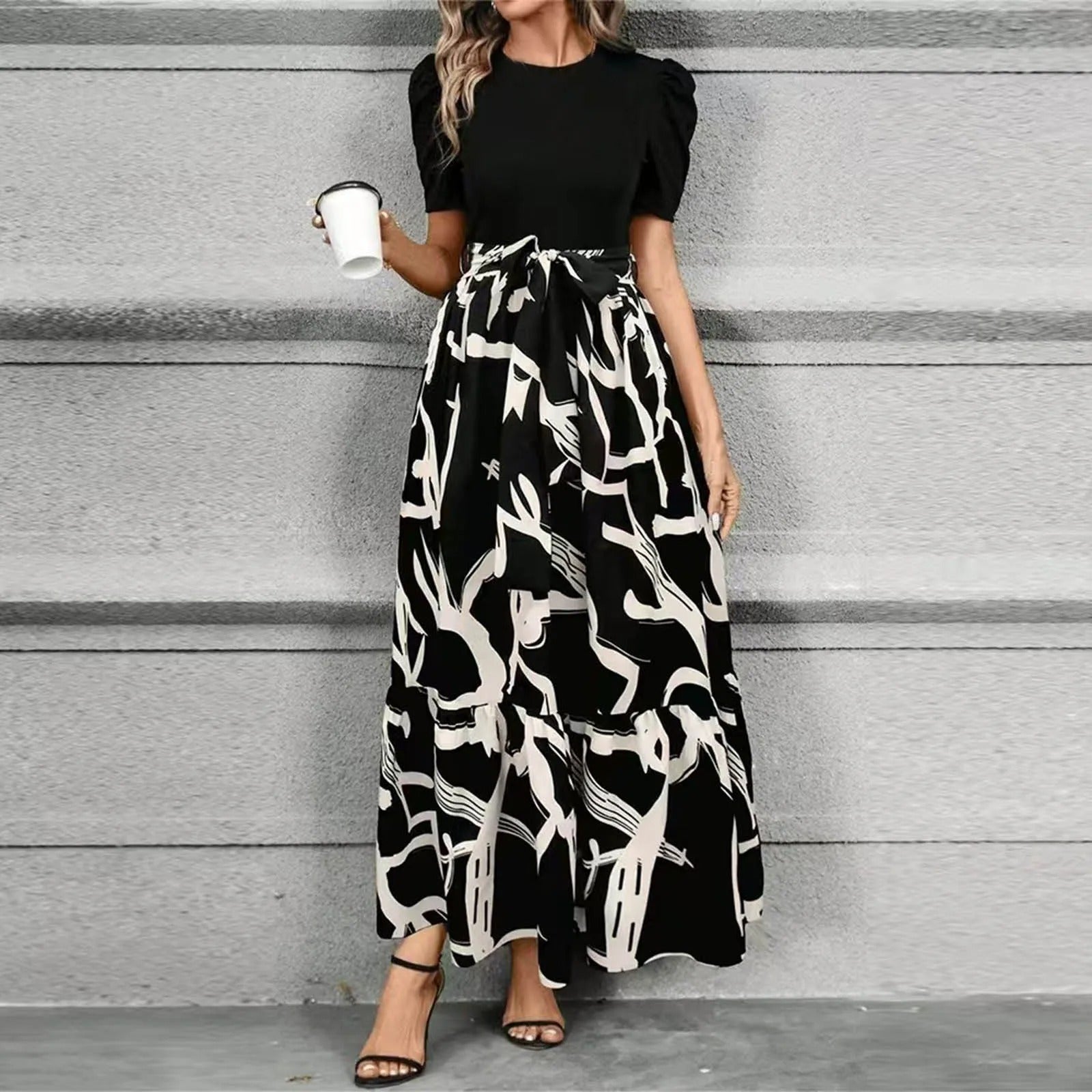 Women's High Waist Maxi Dress with Tie Front Bow and Short Sleeves 5