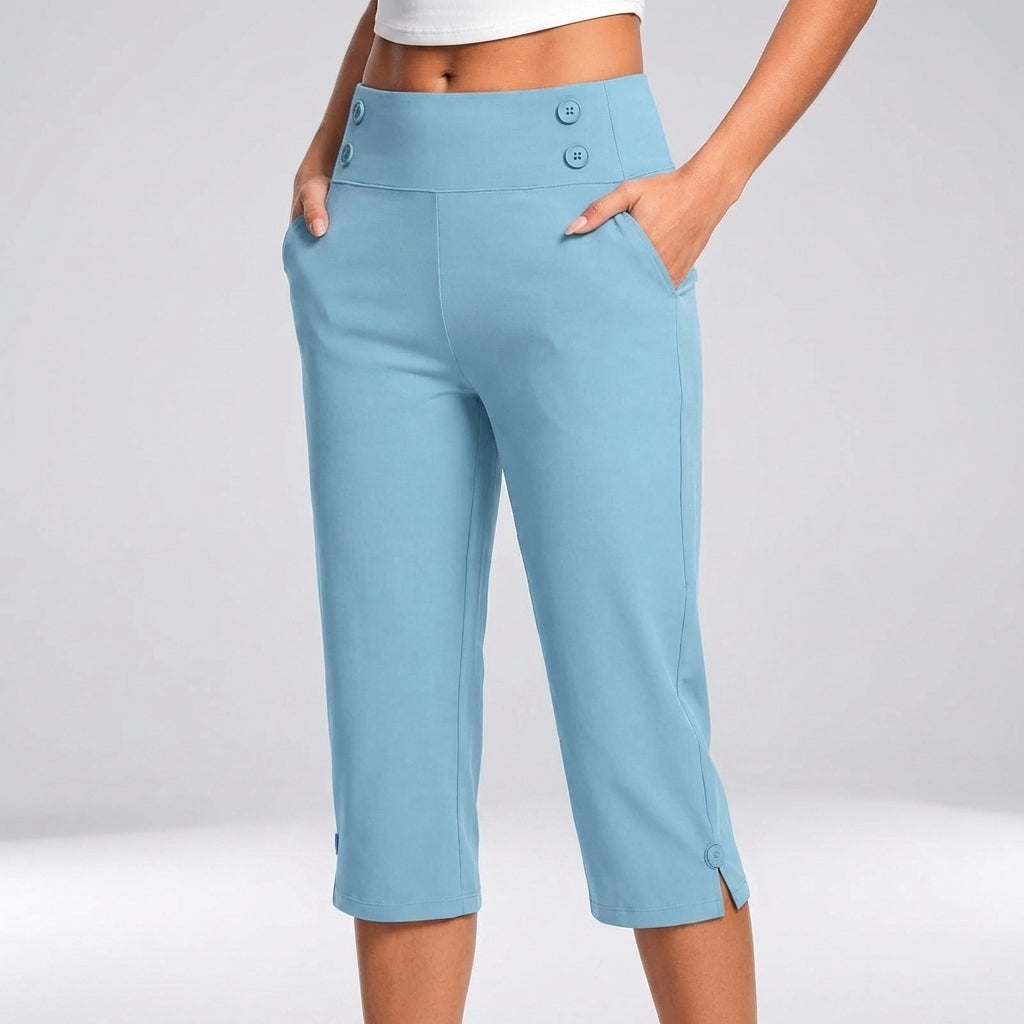 Women's High-Waisted Tapered Capri Pants with Button Detail and Side Pockets 1