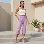 Women's High-Waisted Tapered Capri Pants with Button Detail and Side Pockets 2