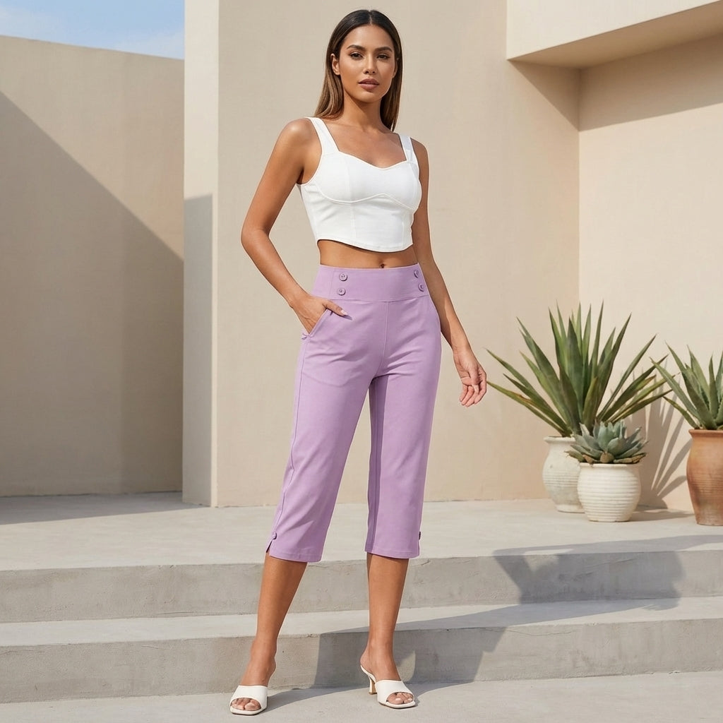 Women's High-Waisted Tapered Capri Pants with Button Detail and Side Pockets 2