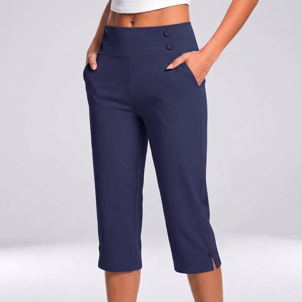 Women's High-Waisted Tapered Capri Pants with Button Detail and Side Pockets 4