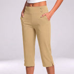 Women's High-Waisted Tapered Capri Pants with Button Detail and Side Pockets 5