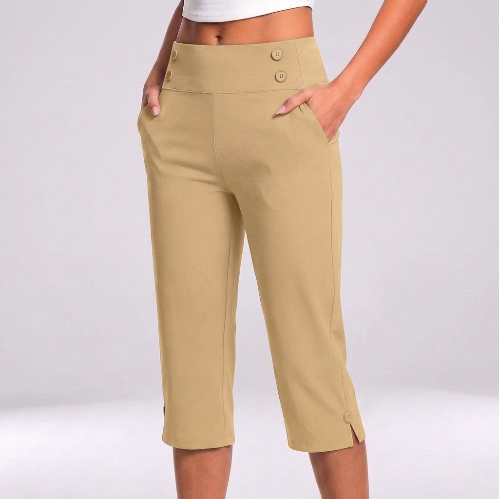 Women's High-Waisted Tapered Capri Pants with Button Detail and Side Pockets 5