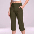 Women's High-Waisted Tapered Capri Pants with Button Detail and Side Pockets 7