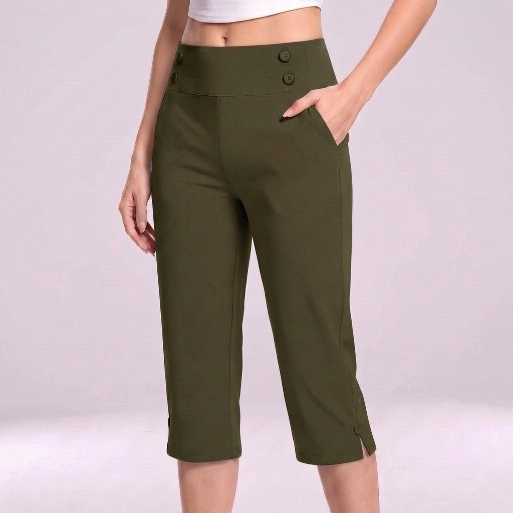 Women's High-Waisted Tapered Capri Pants with Button Detail and Side Pockets 7