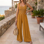 Women's Knit Maxi Jumpsuit with Smocked Square Neck and Wide Legs 13