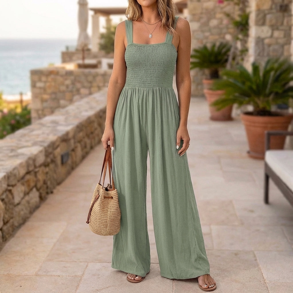 Women's Knit Maxi Jumpsuit with Smocked Square Neck and Wide Legs 9