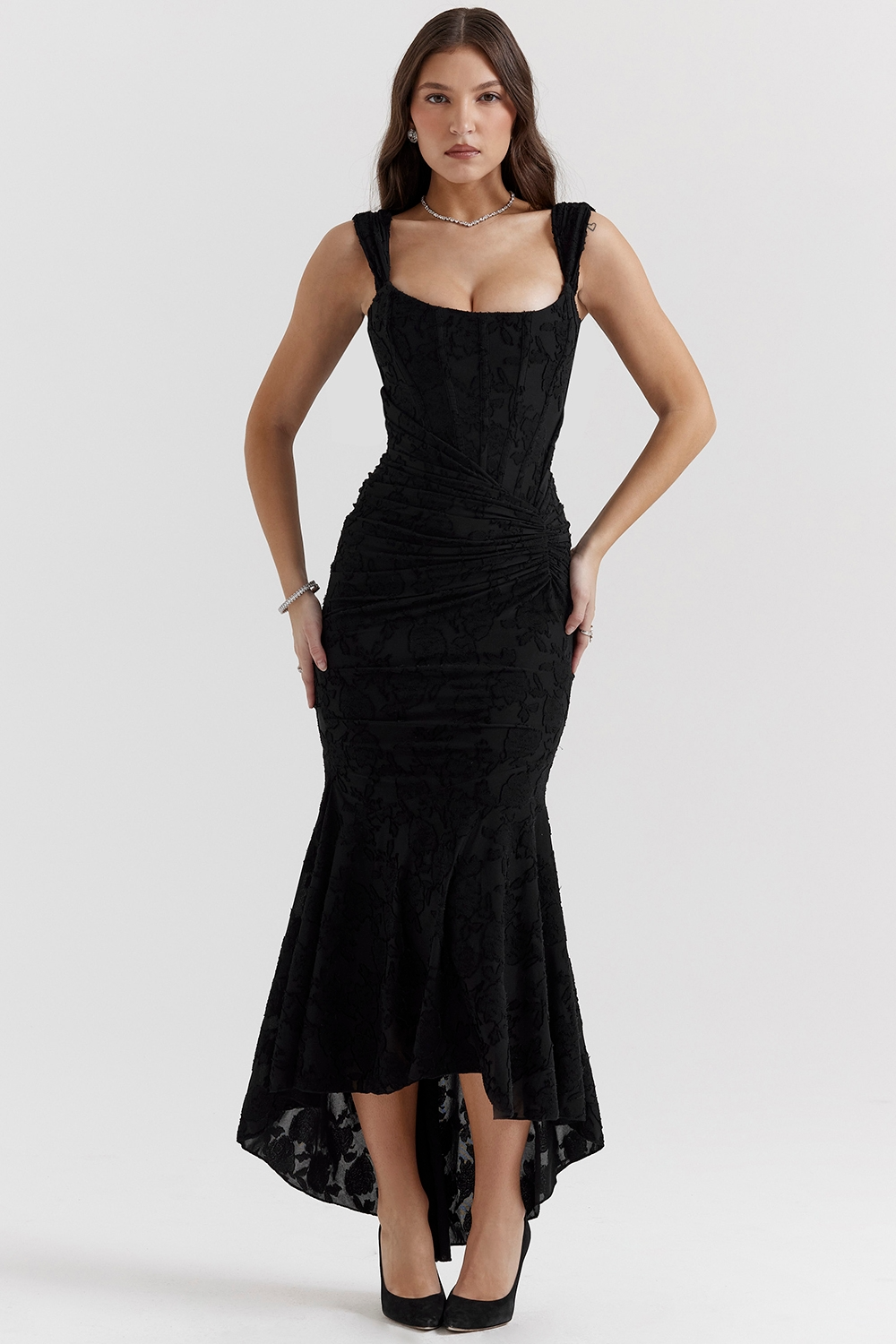 Women's Lace Bodice Maxi Dress with High-Low Hem 11