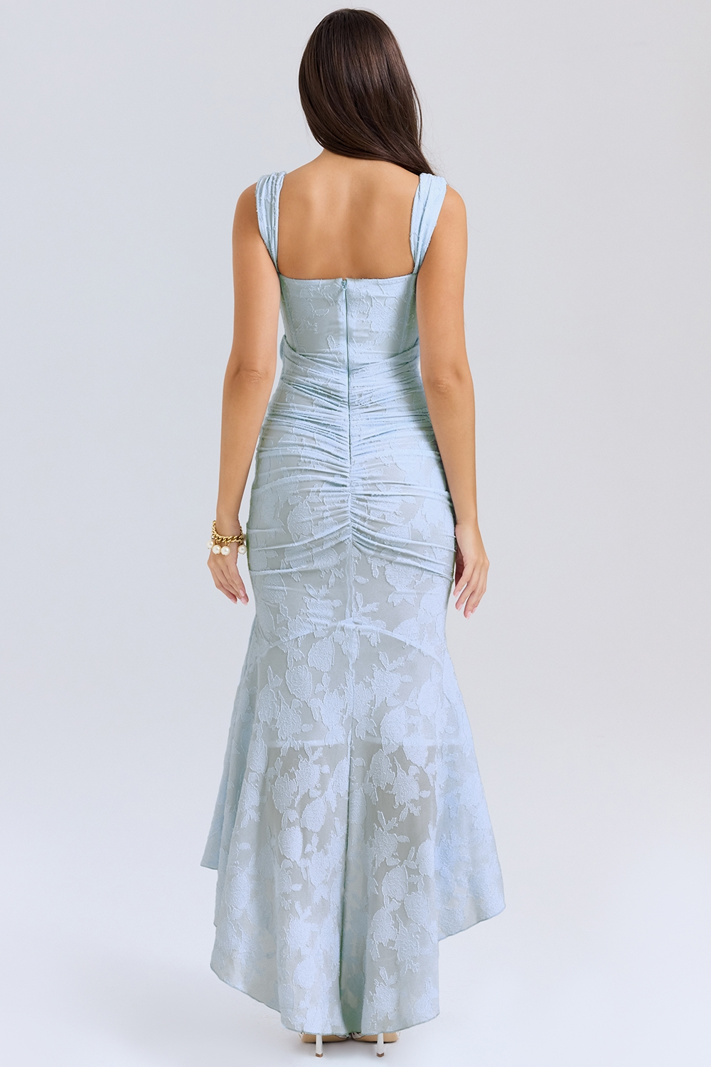 Women's Lace Bodice Maxi Dress with High-Low Hem 4
