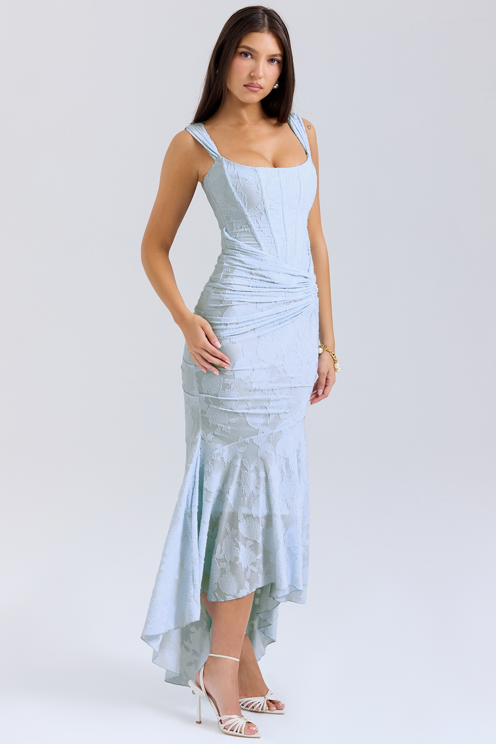 Women's Lace Bodice Maxi Dress with High-Low Hem 5