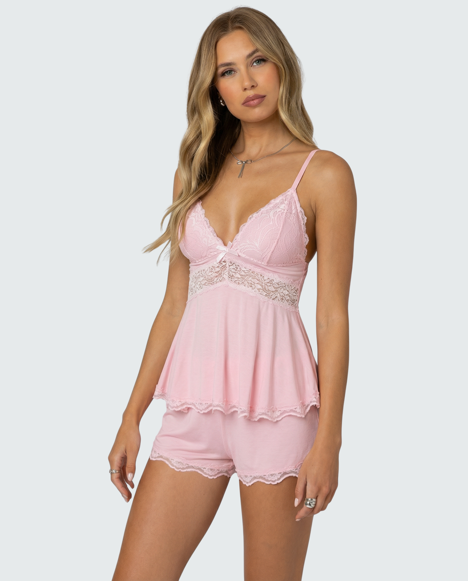 Women's Lace Camisole and Shorts Set with V-Neck 2