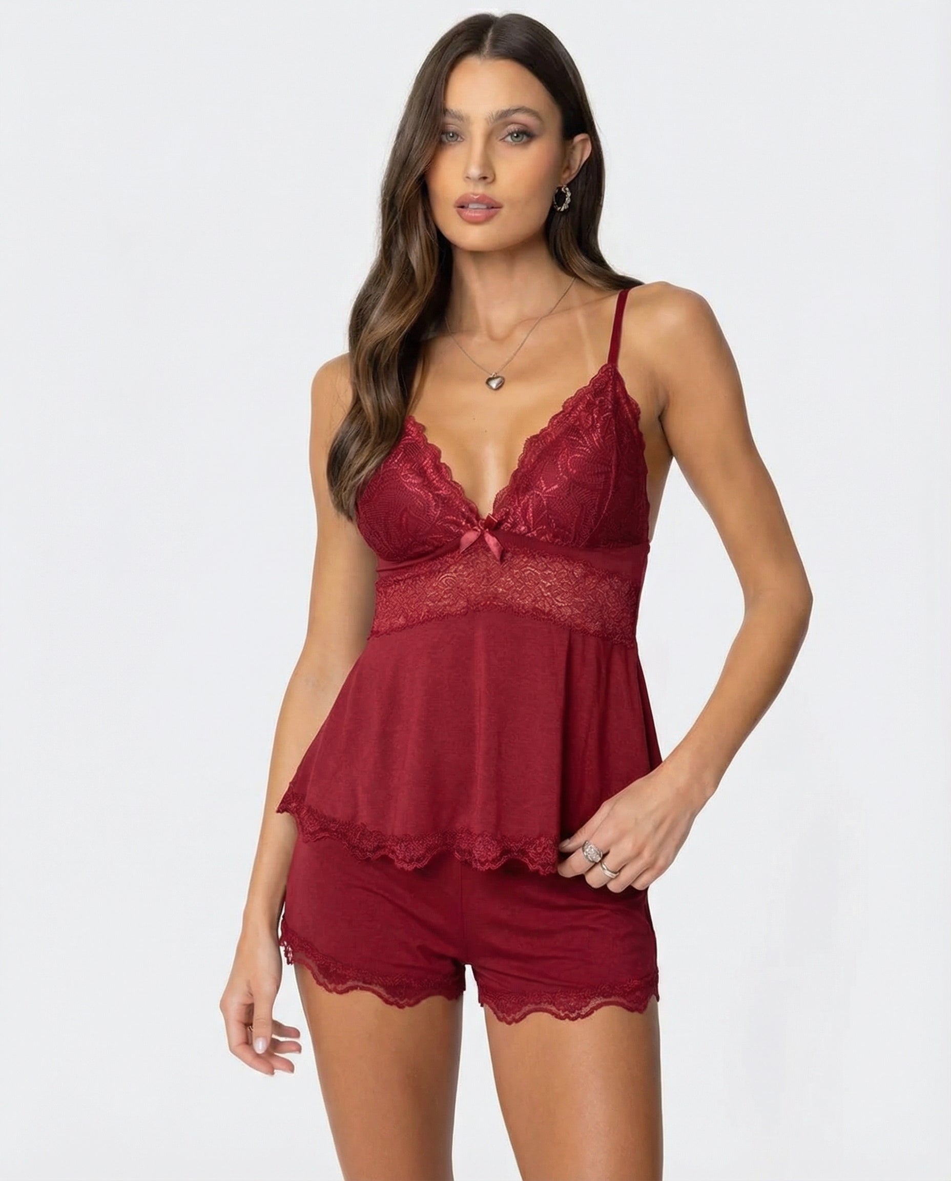 Women's Lace Camisole and Shorts Set with V-Neck 5