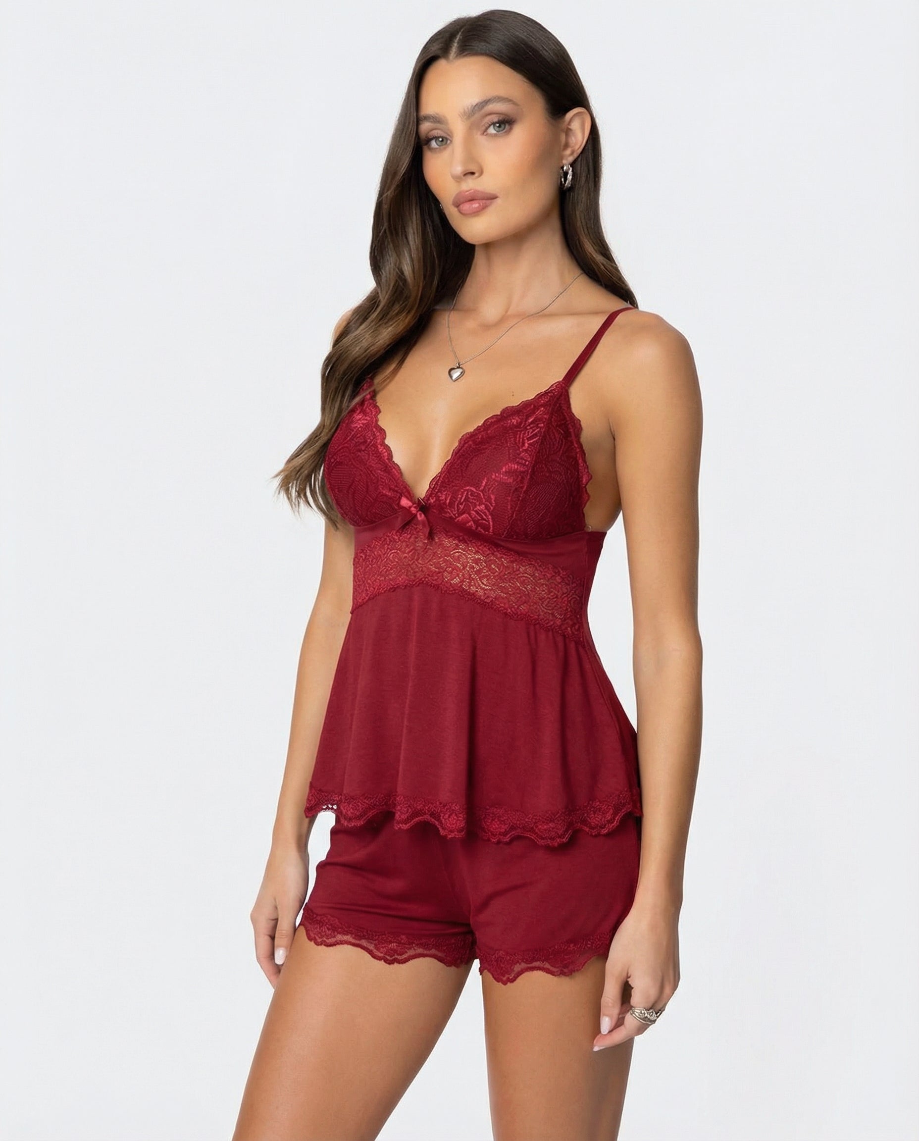 Women's Lace Camisole and Shorts Set with V-Neck 6
