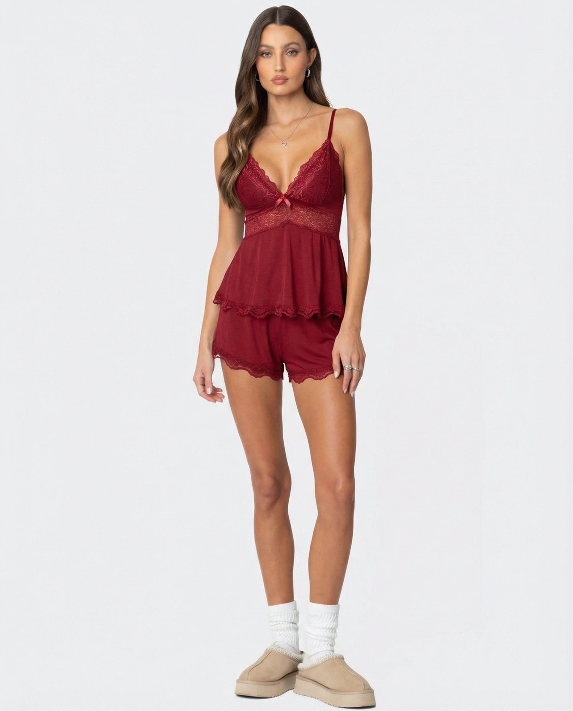 Women's Lace Camisole and Shorts Set with V-Neck 8