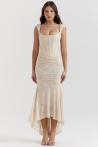 Women's Lace Corset Maxi Dress with High-Low Hem 12