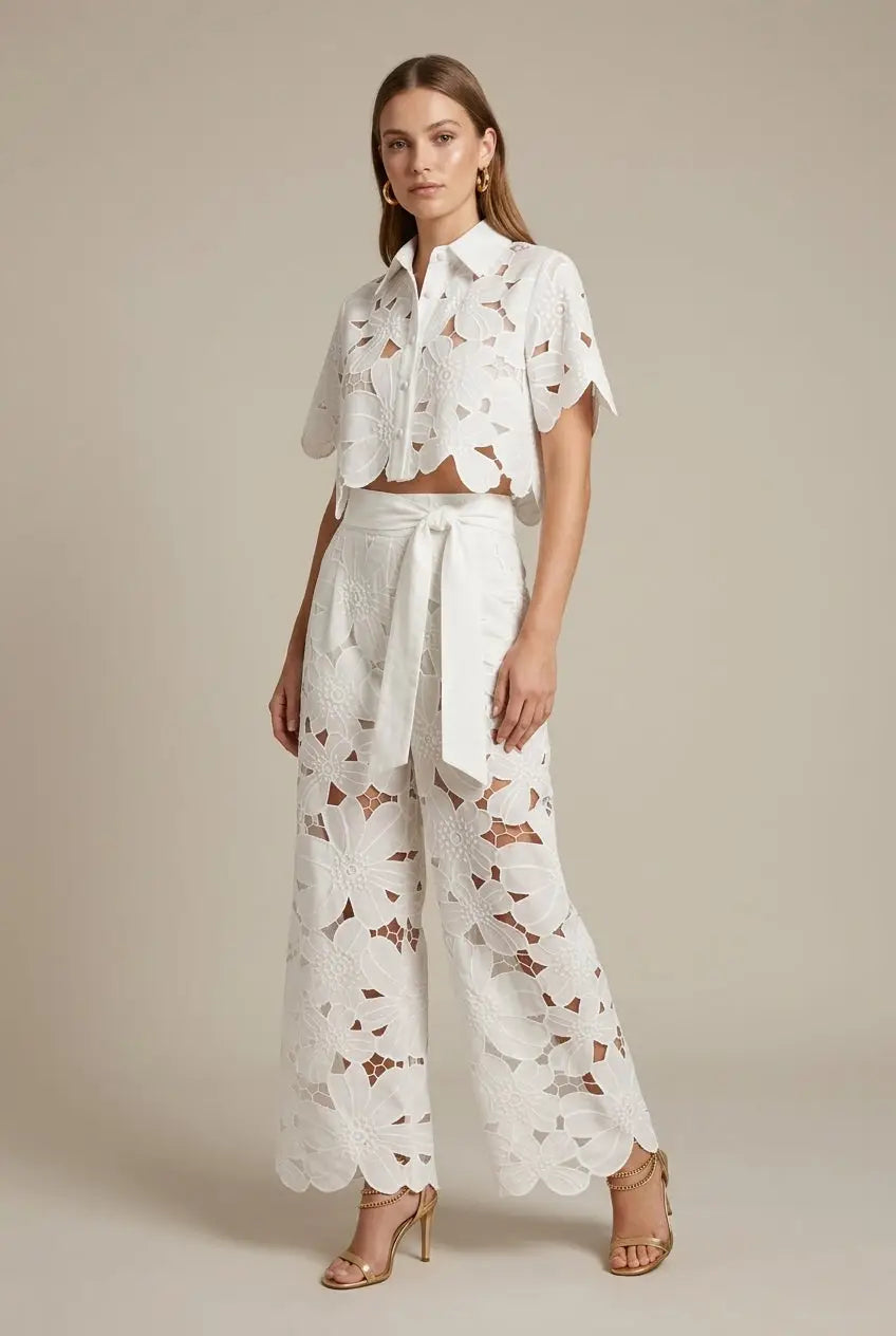 Women's Lace Two-Piece Set with Cape Overlay Top and Wide-Leg Pants 1