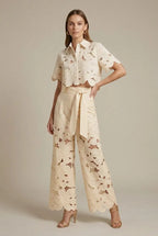 Women's Lace Two-Piece Set with Cape Overlay Top and Wide-Leg Pants 2