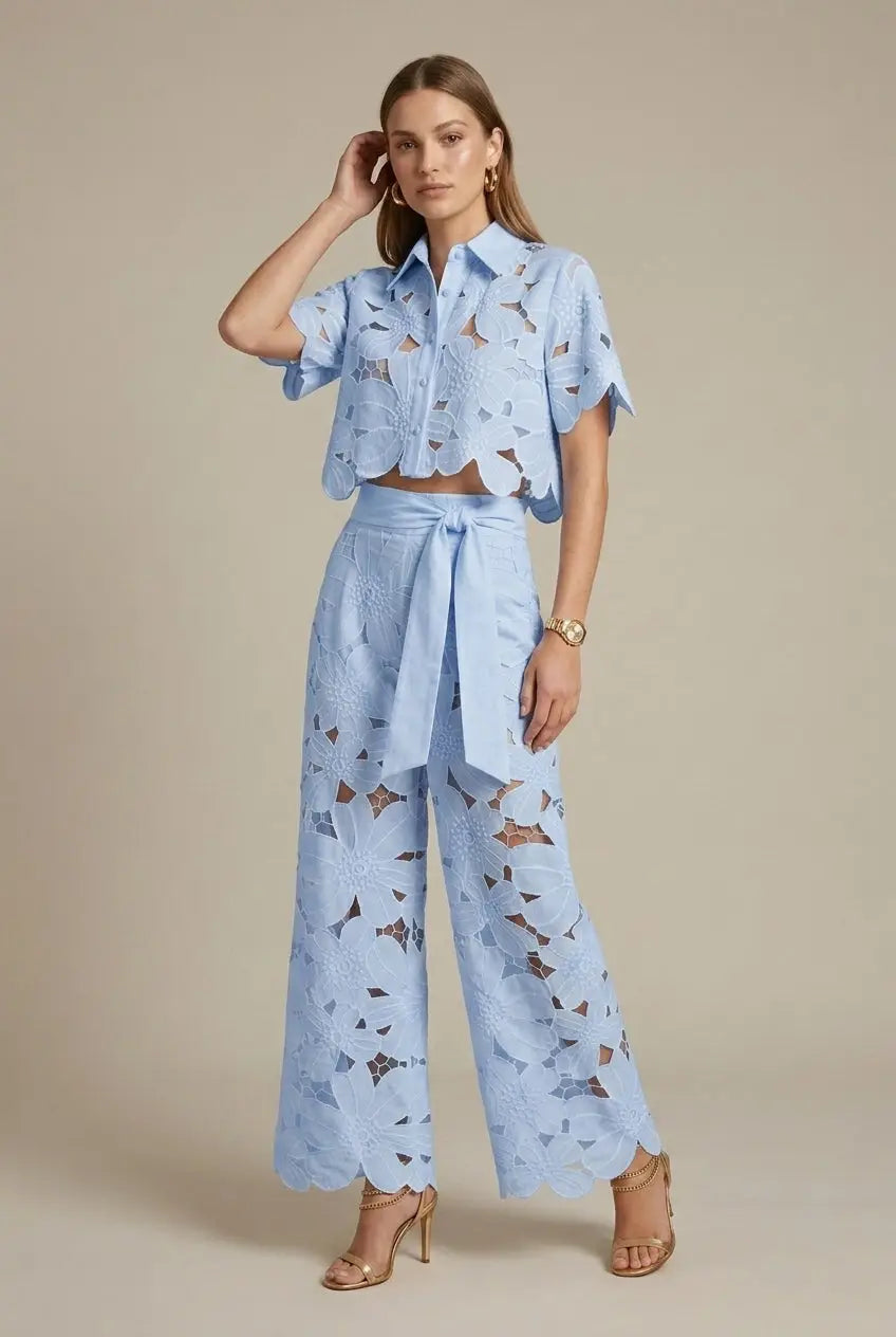 Women's Lace Two-Piece Set with Cape Overlay Top and Wide-Leg Pants 3