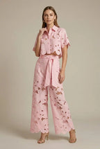 Women's Lace Two-Piece Set with Cape Overlay Top and Wide-Leg Pants 4