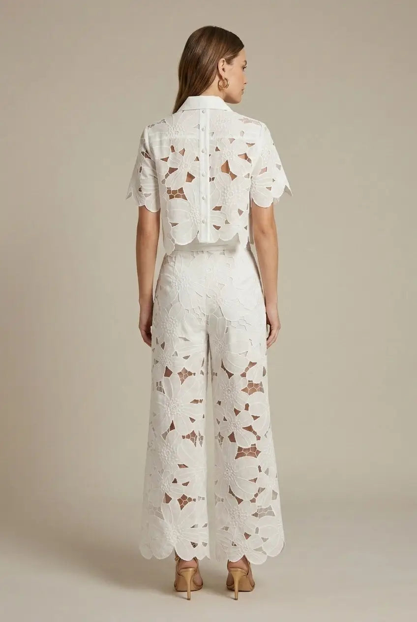 Women's Lace Two-Piece Set with Cape Overlay Top and Wide-Leg Pants 5