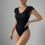 Women's Lace V-Neck Bodysuit with Scalloped Trim and Cap Sleeves 2
