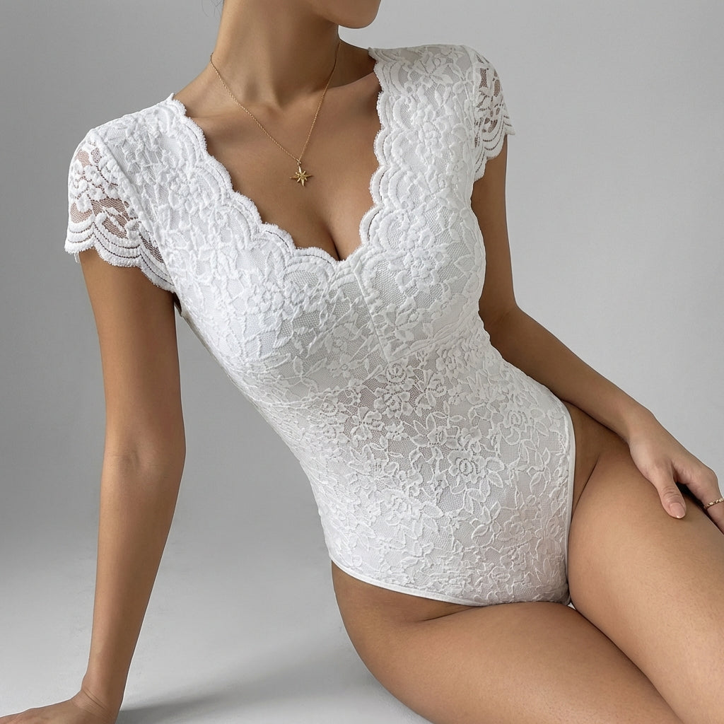 Women's Lace V-Neck Bodysuit with Scalloped Trim and Cap Sleeves 3
