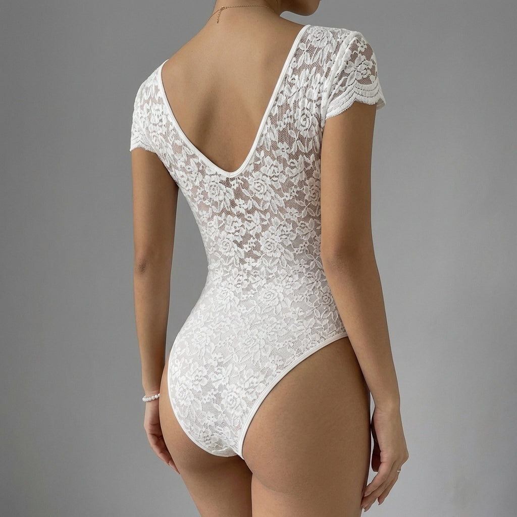 Women's Lace V-Neck Bodysuit with Scalloped Trim and Cap Sleeves 4