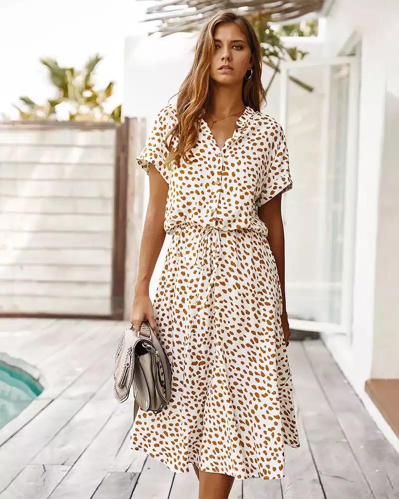 Women's Leopard Print Button-Front Midi Dress with Tie Waist 1