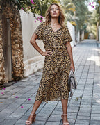Women's Leopard Print Button-Front Midi Dress with Tie Waist 7